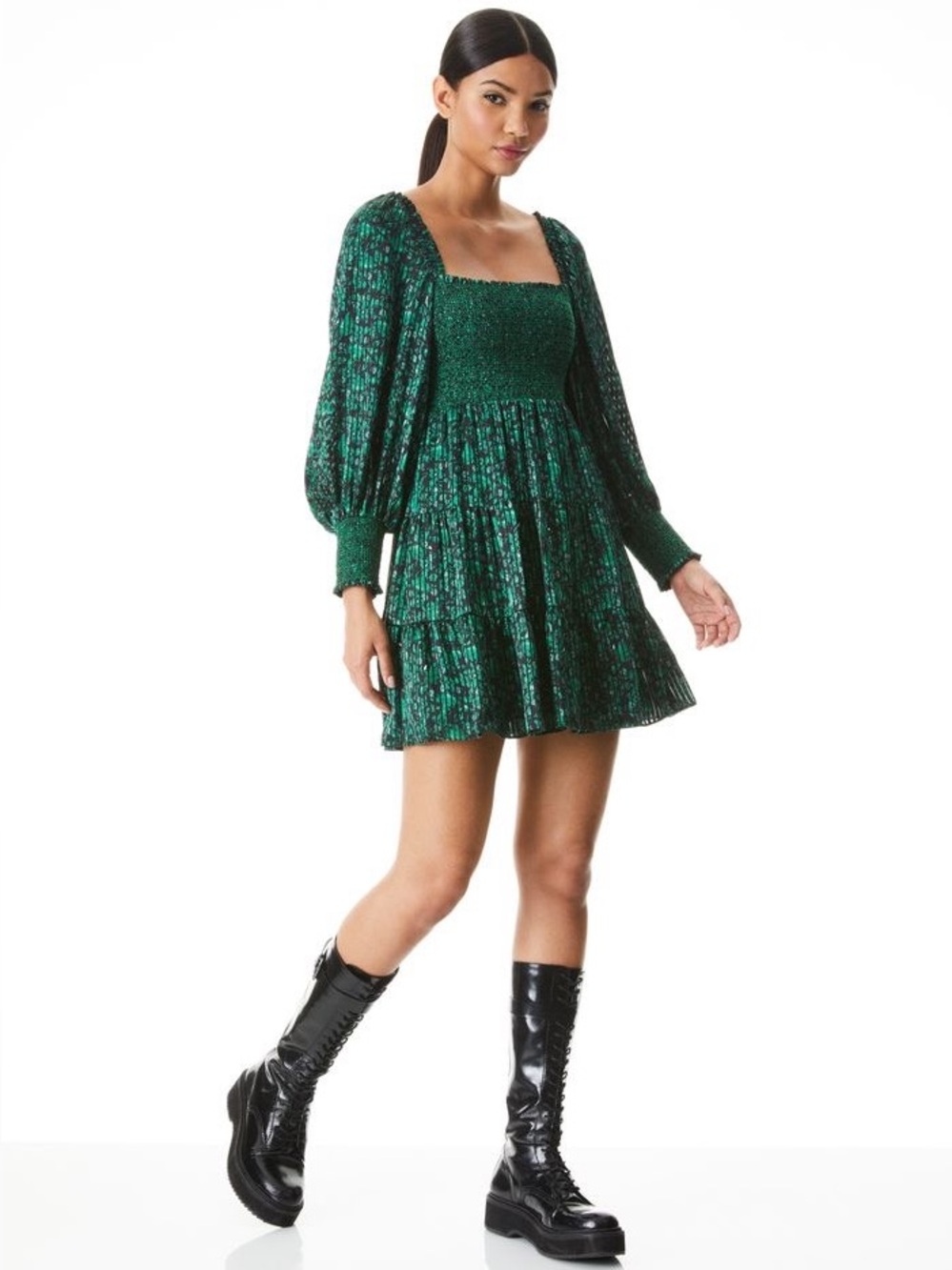 Alice + Olivia Rowen Floral Print Smocked Long Sleeve Mini Dress Emerald Green